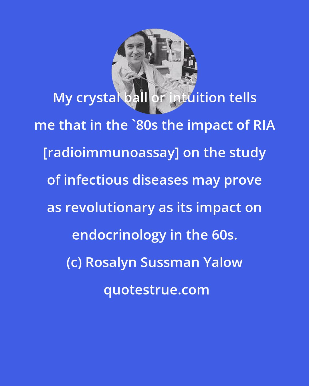 Rosalyn Sussman Yalow: My crystal ball or intuition tells me that in the '80s the impact of RIA [radioimmunoassay] on the study of infectious diseases may prove as revolutionary as its impact on endocrinology in the 60s.