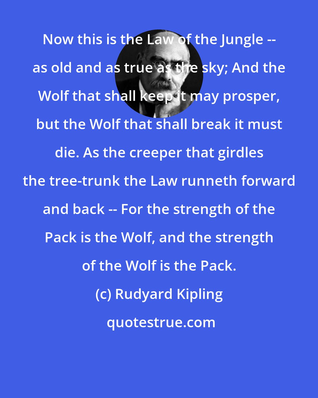 Rudyard Kipling: Now this is the Law of the Jungle -- as old and as true as the sky; And the Wolf that shall keep it may prosper, but the Wolf that shall break it must die. As the creeper that girdles the tree-trunk the Law runneth forward and back -- For the strength of the Pack is the Wolf, and the strength of the Wolf is the Pack.