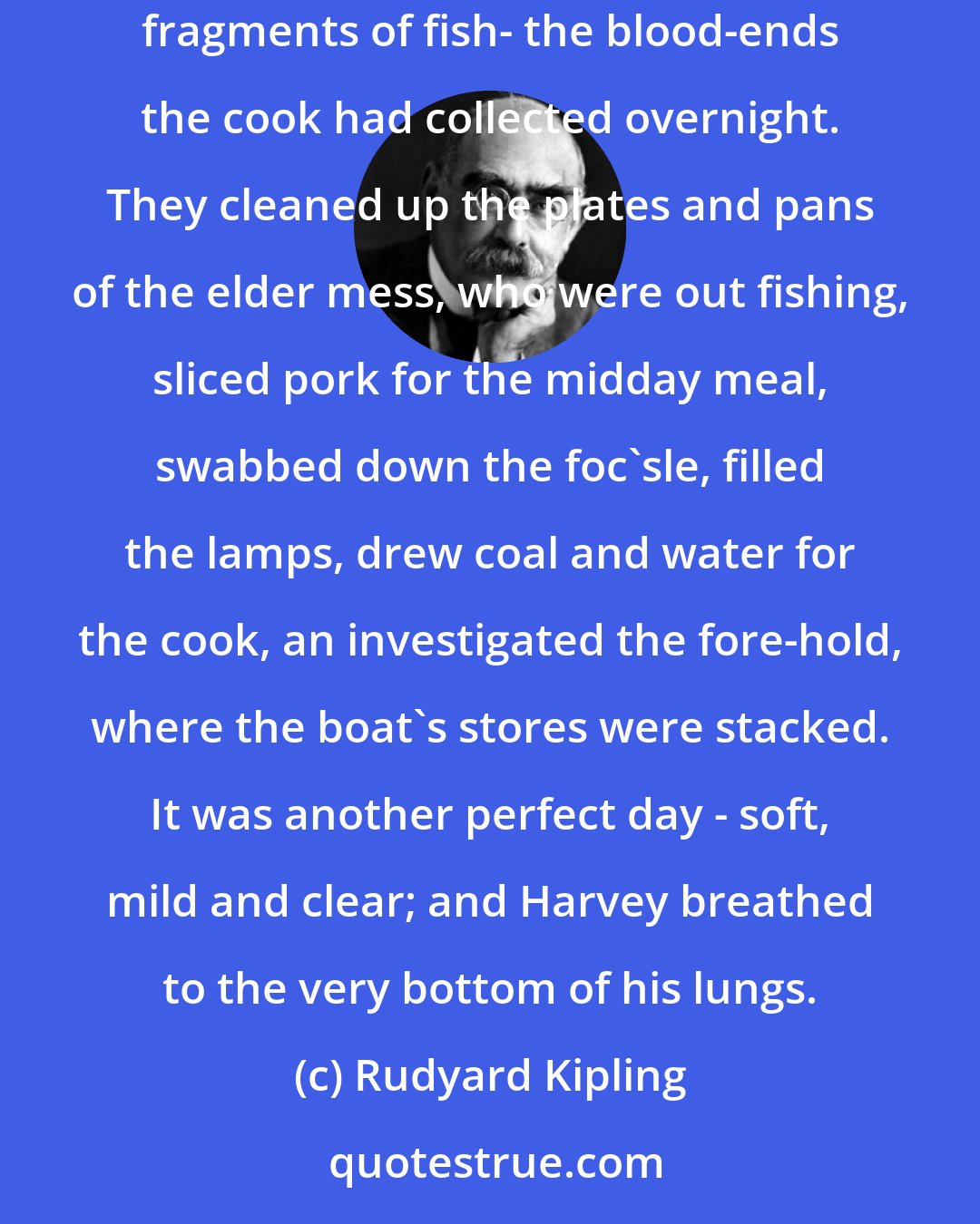 Rudyard Kipling: It was the forty-fathom slumber that clears the soul and eye and heart, and sends you to breakfast ravening. They emptied a big tin dish of juicy fragments of fish- the blood-ends the cook had collected overnight. They cleaned up the plates and pans of the elder mess, who were out fishing, sliced pork for the midday meal, swabbed down the foc'sle, filled the lamps, drew coal and water for the cook, an investigated the fore-hold, where the boat's stores were stacked. It was another perfect day - soft, mild and clear; and Harvey breathed to the very bottom of his lungs.