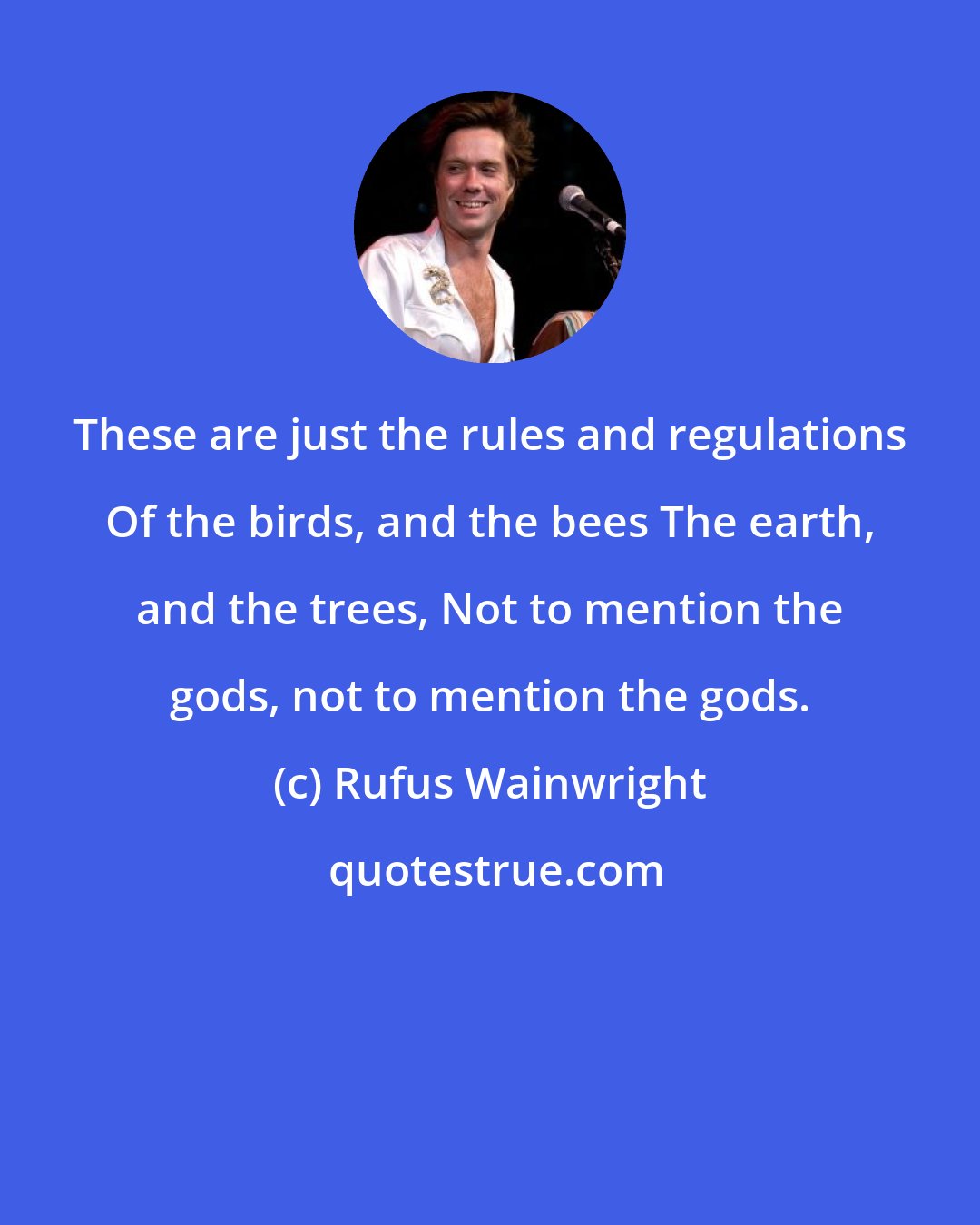 Rufus Wainwright: These are just the rules and regulations Of the birds, and the bees The earth, and the trees, Not to mention the gods, not to mention the gods.