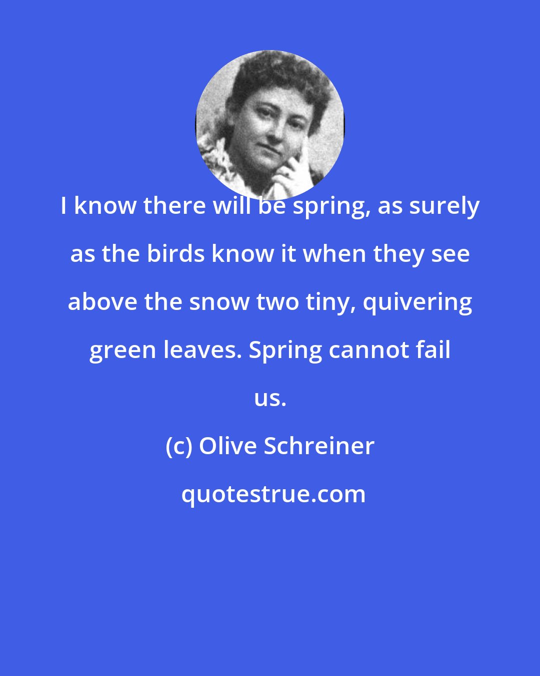 Olive Schreiner: I know there will be spring, as surely as the birds know it when they see above the snow two tiny, quivering green leaves. Spring cannot fail us.