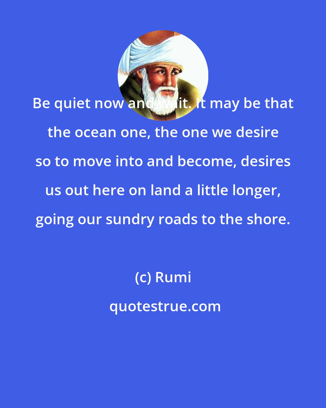 Rumi: Be quiet now and wait. It may be that the ocean one, the one we desire so to move into and become, desires us out here on land a little longer, going our sundry roads to the shore.