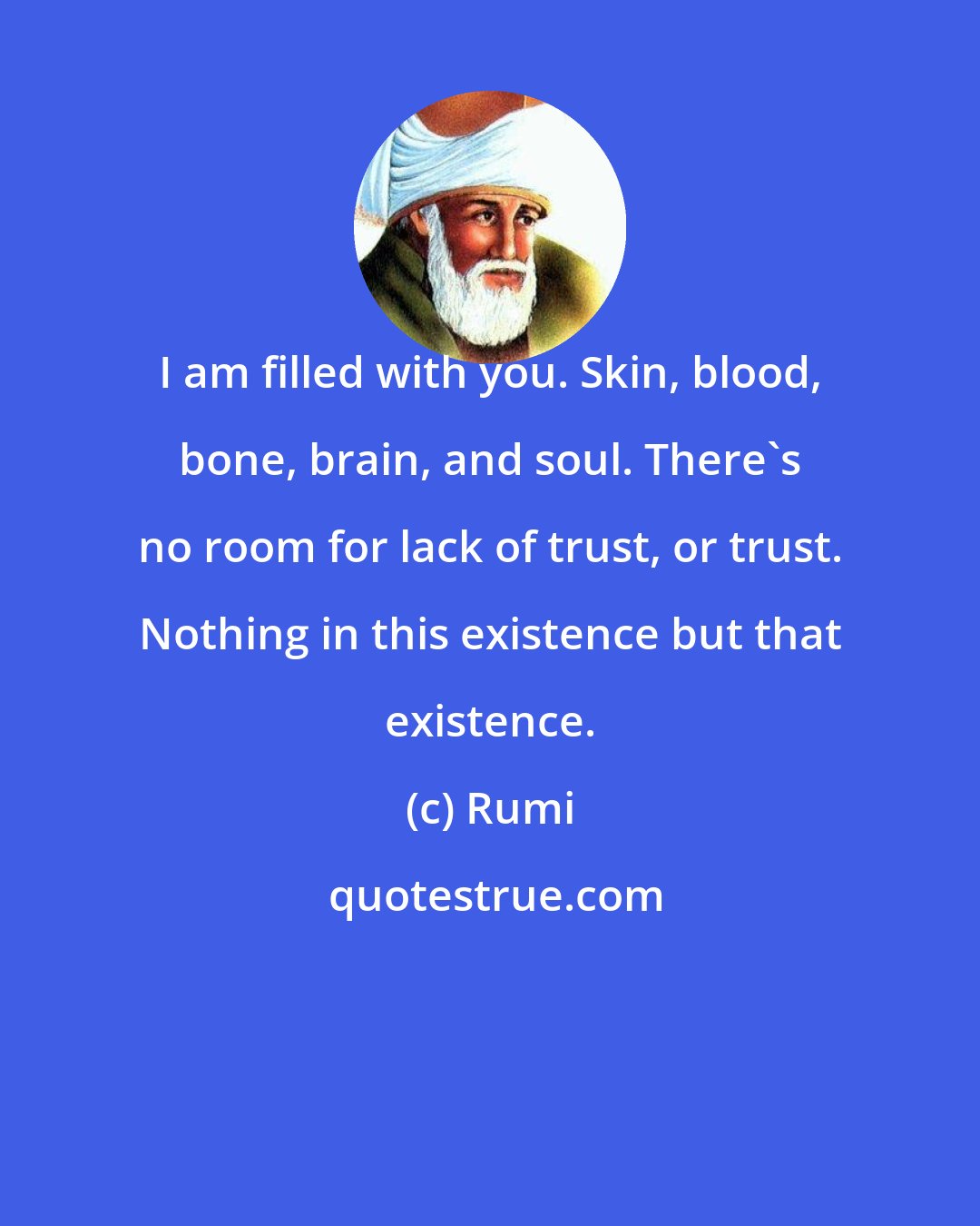 Rumi: I am filled with you. Skin, blood, bone, brain, and soul. There's no room for lack of trust, or trust. Nothing in this existence but that existence.