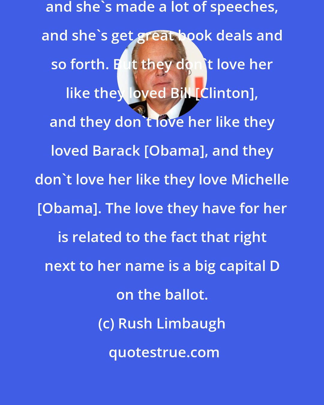 Rush Limbaugh: Hillary Clinton has gotten rich, and she's made a lot of speeches, and she's get great book deals and so forth. But they don't love her like they loved Bill [Clinton], and they don't love her like they loved Barack [Obama], and they don't love her like they love Michelle [Obama]. The love they have for her is related to the fact that right next to her name is a big capital D on the ballot.