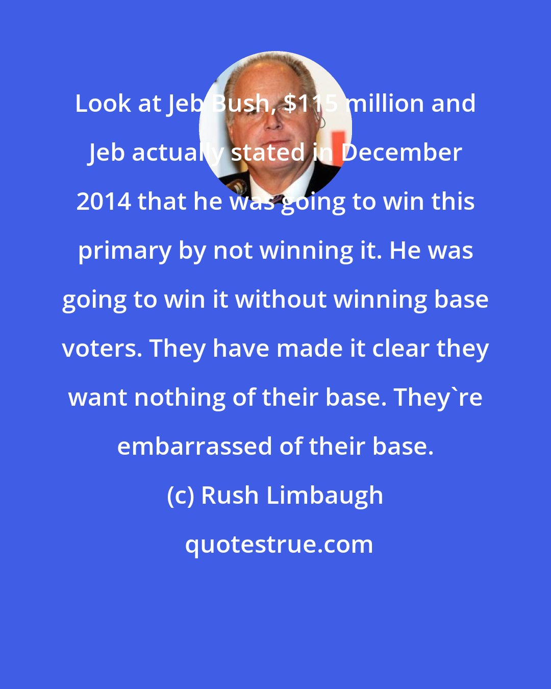 Rush Limbaugh: Look at Jeb Bush, $115 million and Jeb actually stated in December 2014 that he was going to win this primary by not winning it. He was going to win it without winning base voters. They have made it clear they want nothing of their base. They're embarrassed of their base.