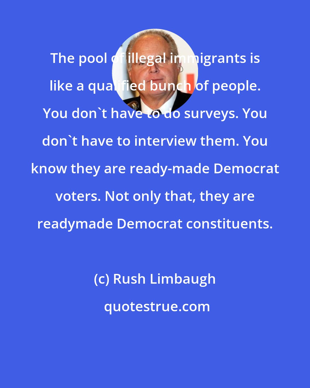 Rush Limbaugh: The pool of illegal immigrants is like a qualified bunch of people. You don't have to do surveys. You don't have to interview them. You know they are ready-made Democrat voters. Not only that, they are readymade Democrat constituents.