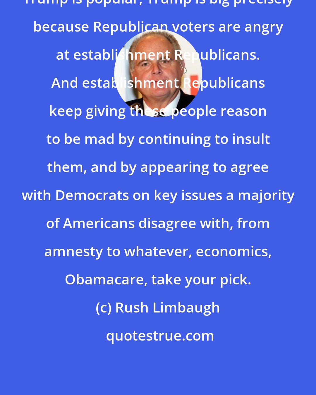 Rush Limbaugh: Trump is popular, Trump is big precisely because Republican voters are angry at establishment Republicans. And establishment Republicans keep giving these people reason to be mad by continuing to insult them, and by appearing to agree with Democrats on key issues a majority of Americans disagree with, from amnesty to whatever, economics, Obamacare, take your pick.