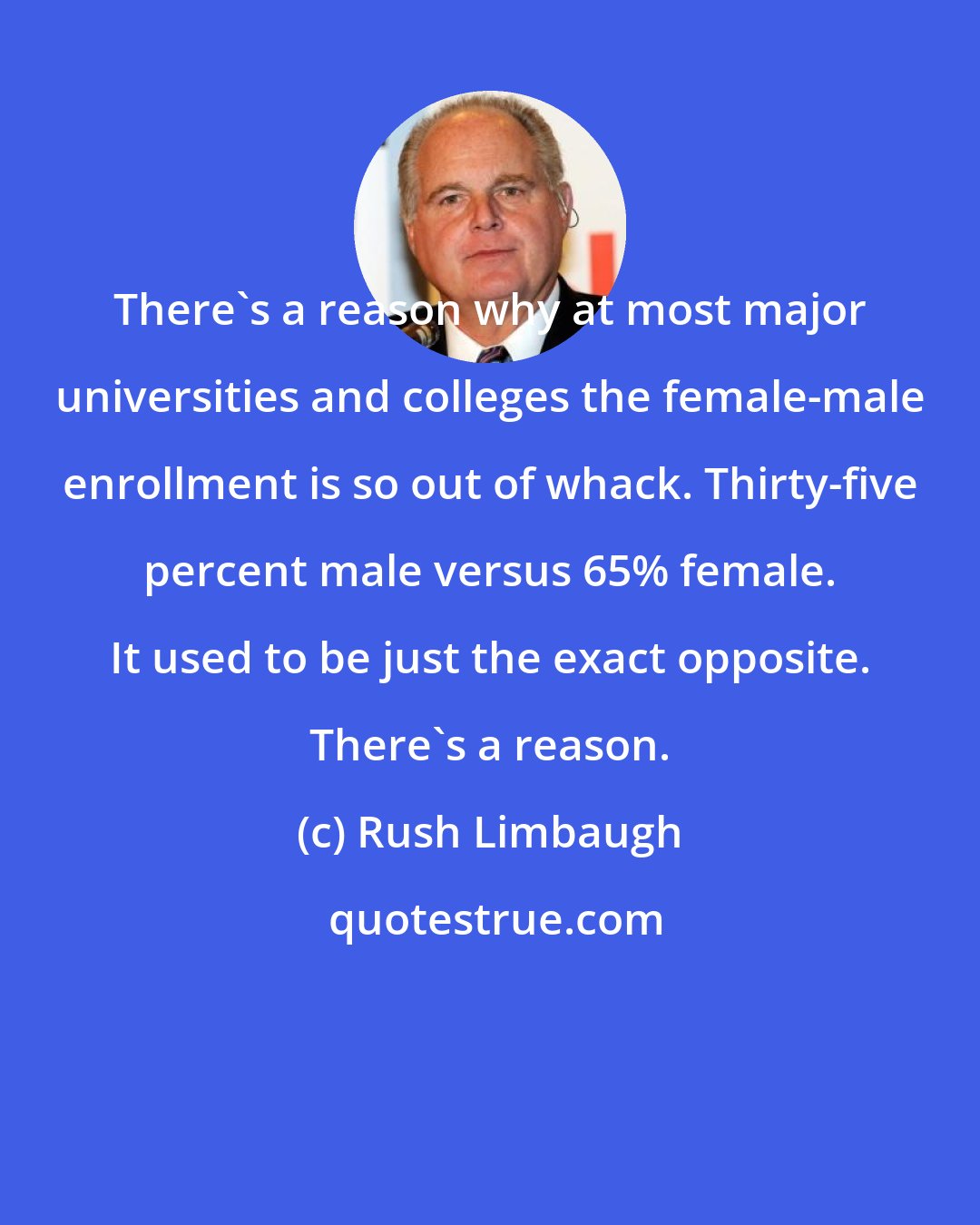 Rush Limbaugh: There's a reason why at most major universities and colleges the female-male enrollment is so out of whack. Thirty-five percent male versus 65% female. It used to be just the exact opposite. There's a reason.