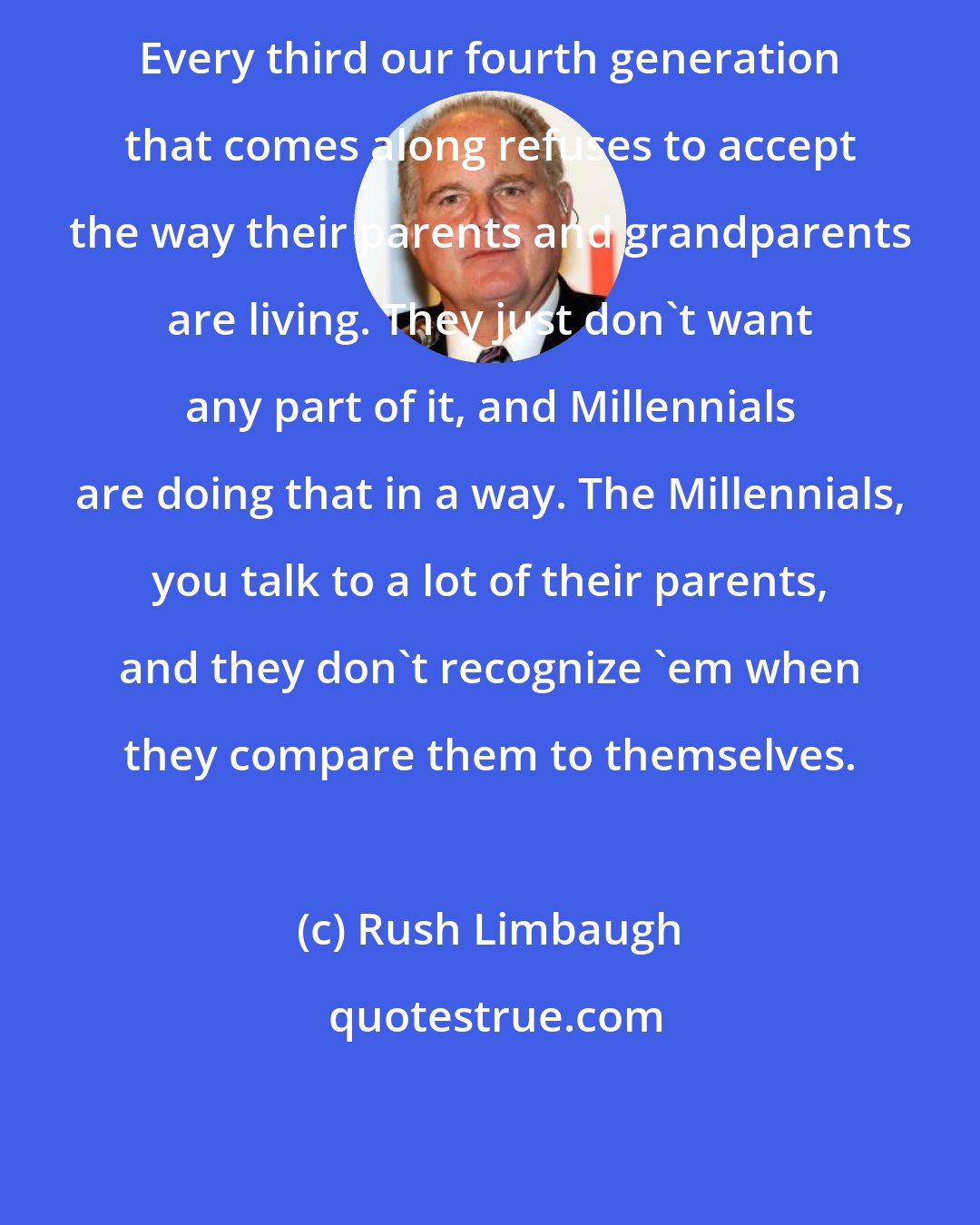 Rush Limbaugh: Every third our fourth generation that comes along refuses to accept the way their parents and grandparents are living. They just don't want any part of it, and Millennials are doing that in a way. The Millennials, you talk to a lot of their parents, and they don't recognize 'em when they compare them to themselves.