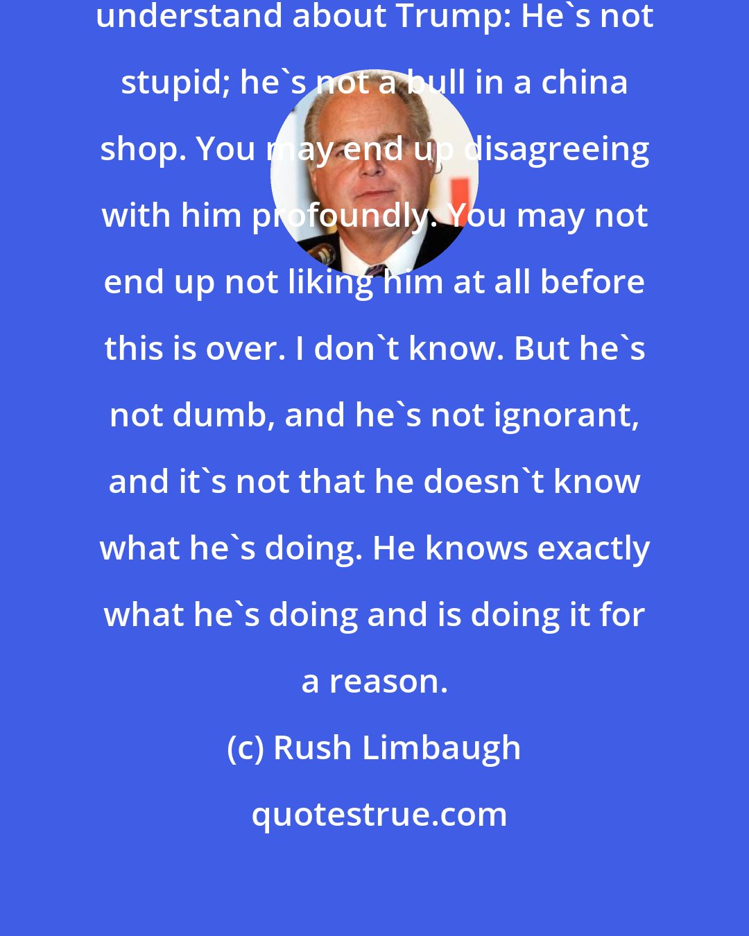 Rush Limbaugh: One thing people are gonna have to understand about Trump: He's not stupid; he's not a bull in a china shop. You may end up disagreeing with him profoundly. You may not end up not liking him at all before this is over. I don't know. But he's not dumb, and he's not ignorant, and it's not that he doesn't know what he's doing. He knows exactly what he's doing and is doing it for a reason.