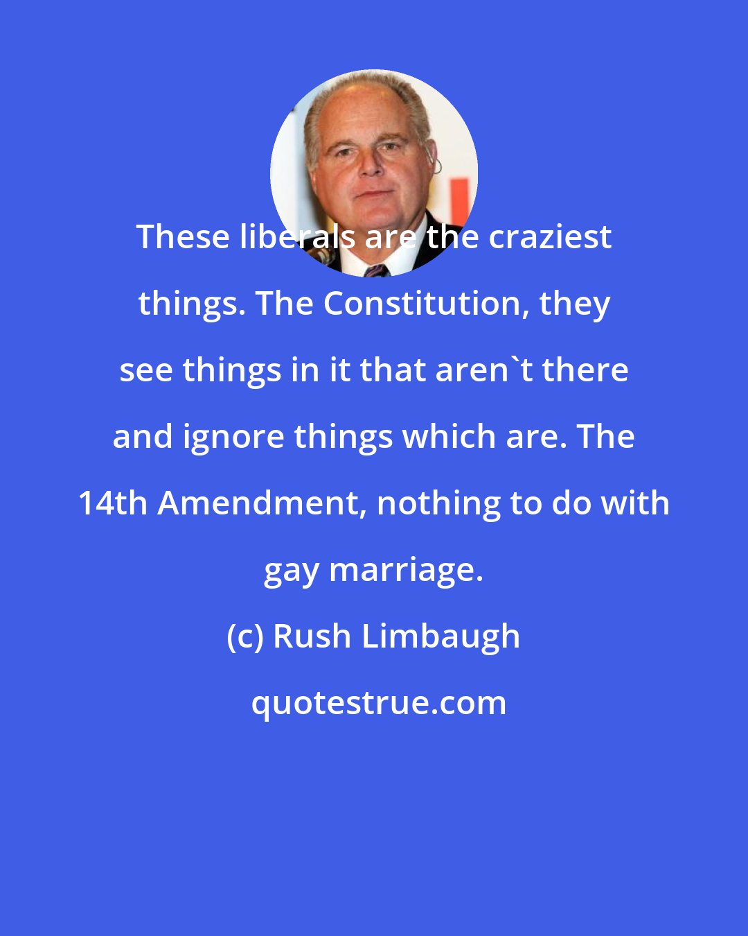 Rush Limbaugh: These liberals are the craziest things. The Constitution, they see things in it that aren't there and ignore things which are. The 14th Amendment, nothing to do with gay marriage.