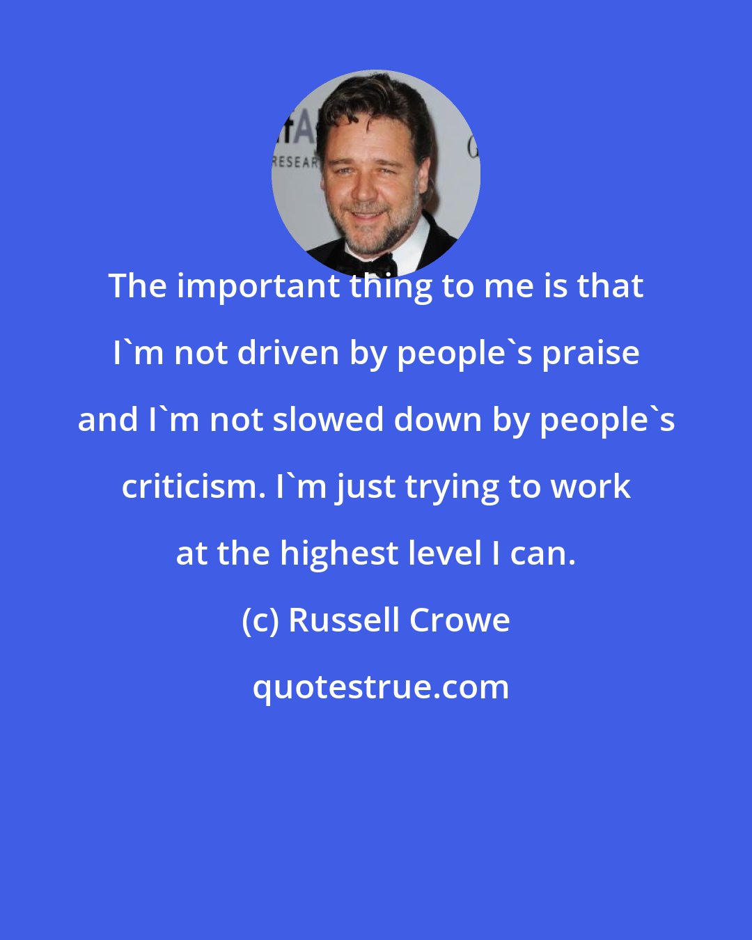 Russell Crowe: The important thing to me is that I'm not driven by people's praise and I'm not slowed down by people's criticism. I'm just trying to work at the highest level I can.