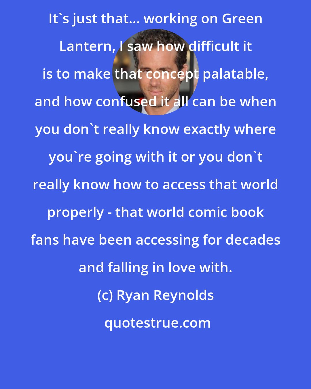 Ryan Reynolds: It's just that... working on Green Lantern, I saw how difficult it is to make that concept palatable, and how confused it all can be when you don't really know exactly where you're going with it or you don't really know how to access that world properly - that world comic book fans have been accessing for decades and falling in love with.