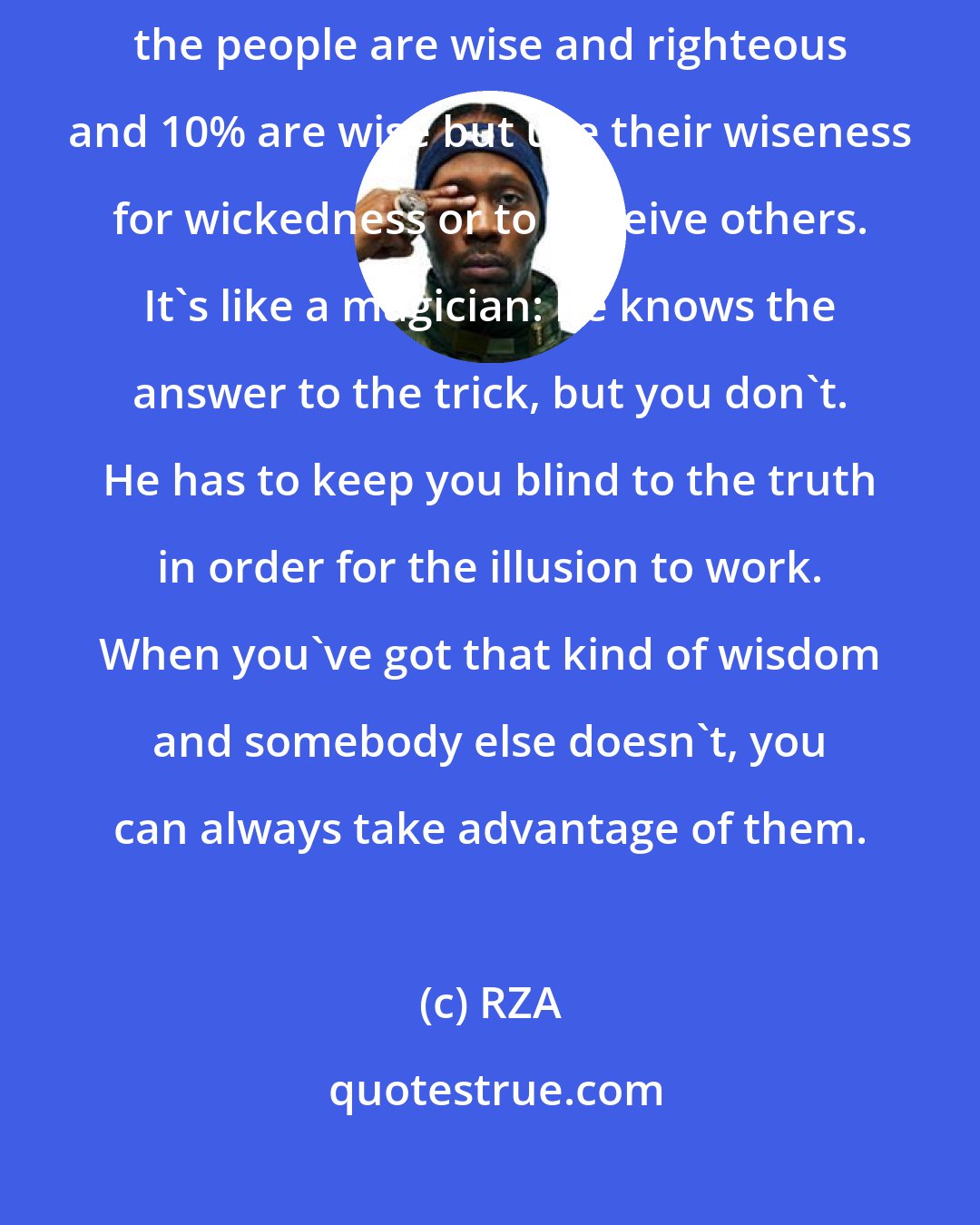 RZA: There's strong men of wisdom in many different fields. They say 5% of the people are wise and righteous and 10% are wise but use their wiseness for wickedness or to deceive others. It's like a magician: he knows the answer to the trick, but you don't. He has to keep you blind to the truth in order for the illusion to work. When you've got that kind of wisdom and somebody else doesn't, you can always take advantage of them.