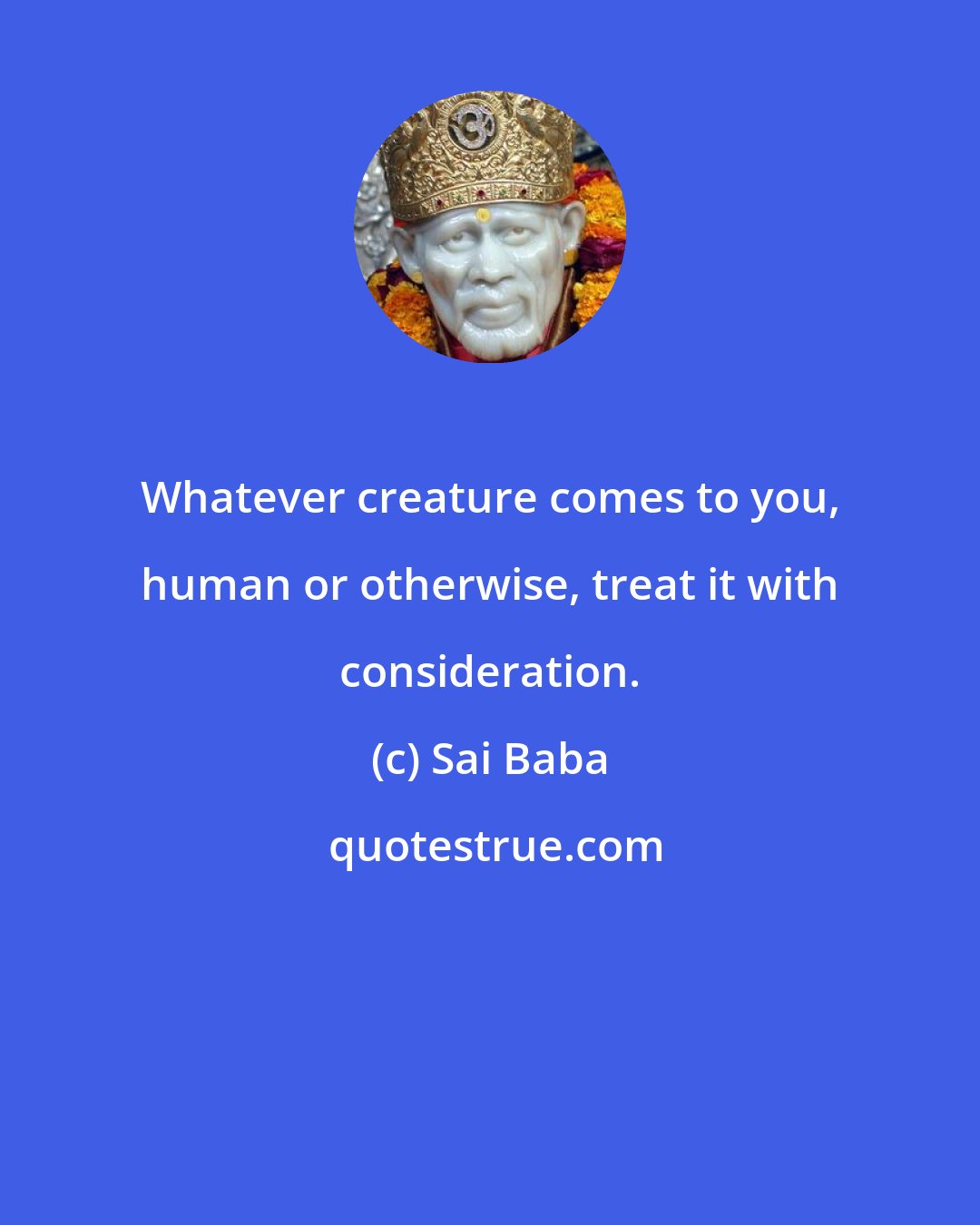 Sai Baba: Whatever creature comes to you, human or otherwise, treat it with consideration.