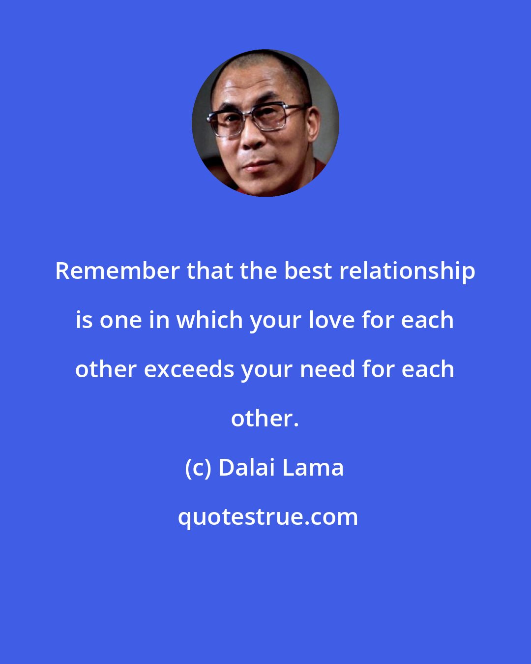 Dalai Lama: Remember that the best relationship is one in which your love for each other exceeds your need for each other.