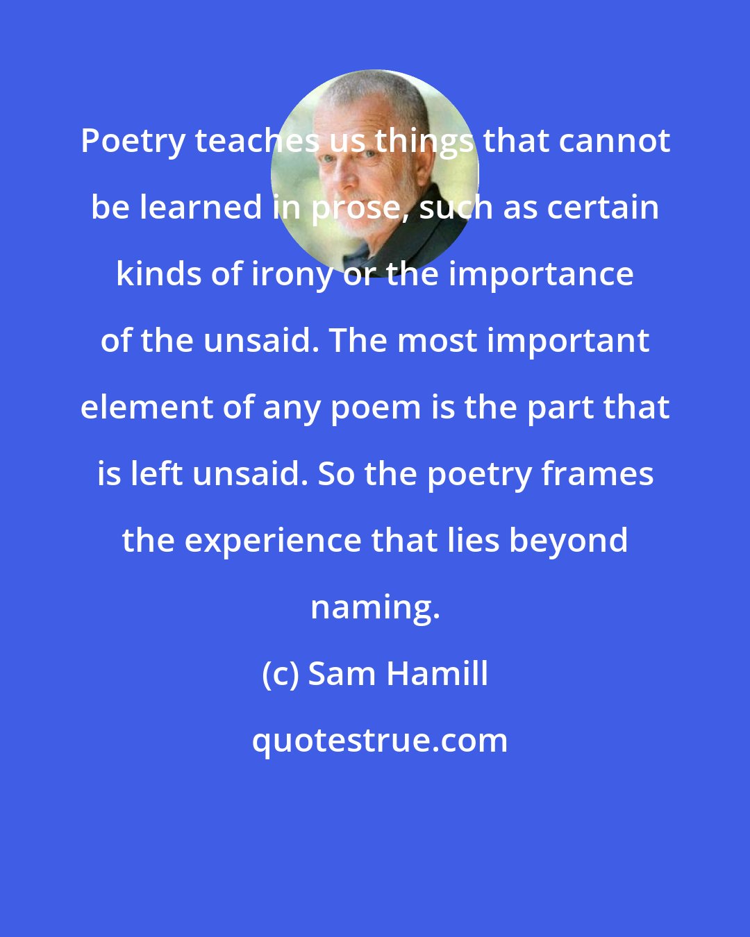 Sam Hamill: Poetry teaches us things that cannot be learned in prose, such as certain kinds of irony or the importance of the unsaid. The most important element of any poem is the part that is left unsaid. So the poetry frames the experience that lies beyond naming.