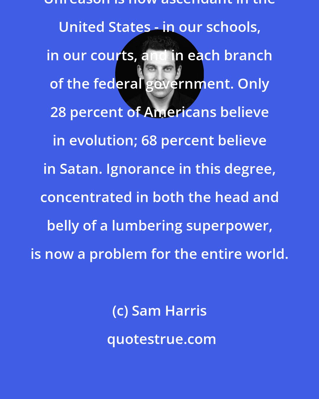 Sam Harris: Unreason is now ascendant in the United States - in our schools, in our courts, and in each branch of the federal government. Only 28 percent of Americans believe in evolution; 68 percent believe in Satan. Ignorance in this degree, concentrated in both the head and belly of a lumbering superpower, is now a problem for the entire world.