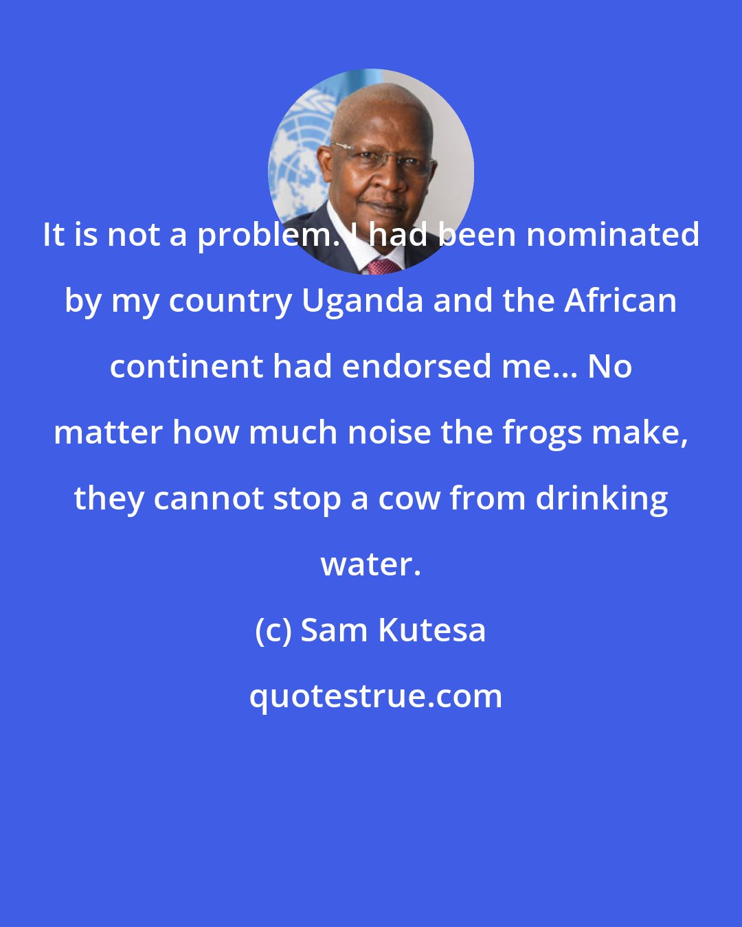 Sam Kutesa: It is not a problem. I had been nominated by my country Uganda and the African continent had endorsed me... No matter how much noise the frogs make, they cannot stop a cow from drinking water.