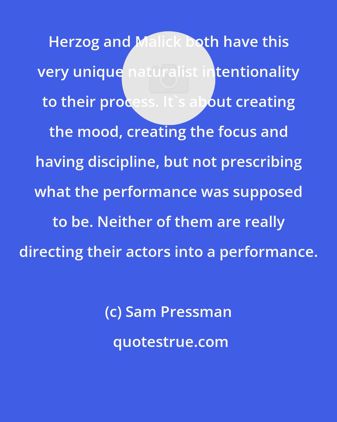 Sam Pressman: Herzog and Malick both have this very unique naturalist intentionality to their process. It's about creating the mood, creating the focus and having discipline, but not prescribing what the performance was supposed to be. Neither of them are really directing their actors into a performance.