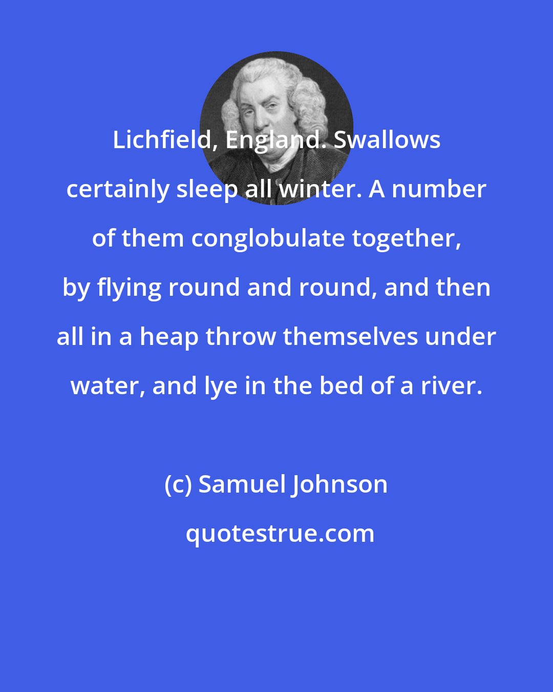 Samuel Johnson: Lichfield, England. Swallows certainly sleep all winter. A number of them conglobulate together, by flying round and round, and then all in a heap throw themselves under water, and lye in the bed of a river.