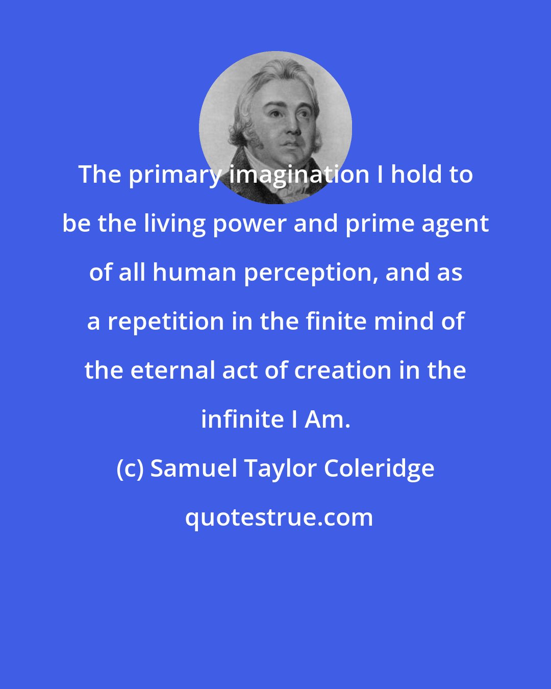 Samuel Taylor Coleridge: The primary imagination I hold to be the living power and prime agent of all human perception, and as a repetition in the finite mind of the eternal act of creation in the infinite I Am.