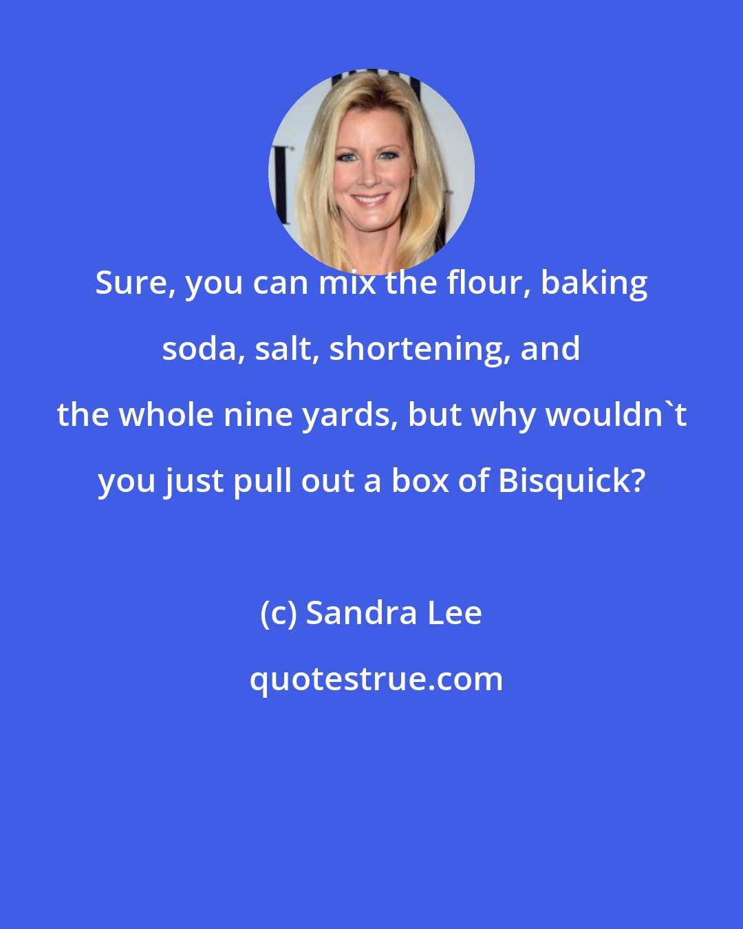 Sandra Lee: Sure, you can mix the flour, baking soda, salt, shortening, and the whole nine yards, but why wouldn't you just pull out a box of Bisquick?