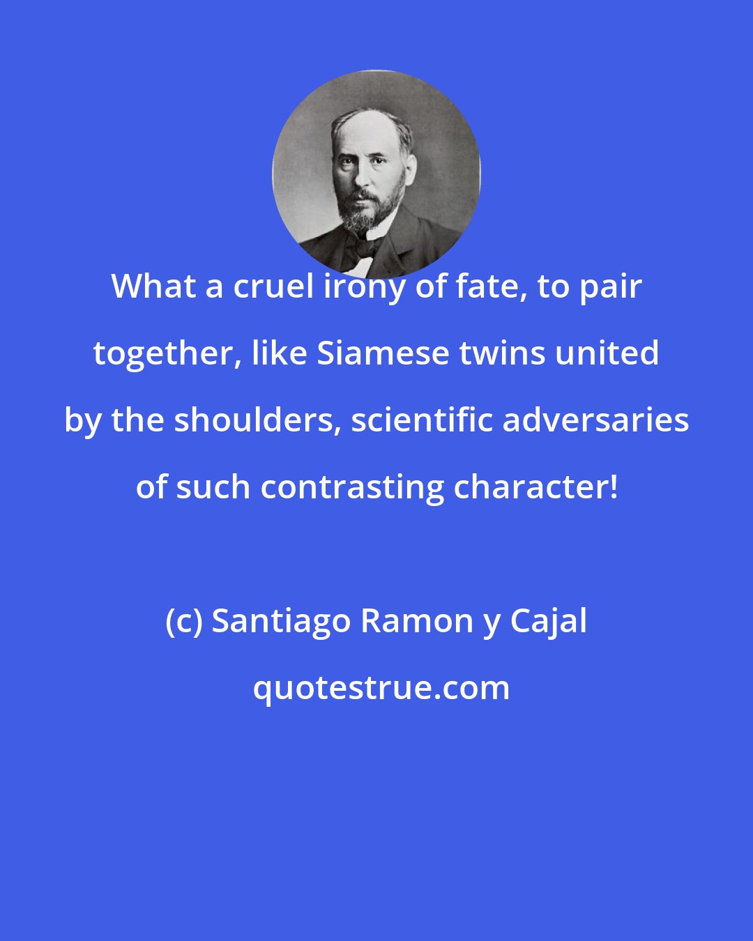 Santiago Ramon y Cajal: What a cruel irony of fate, to pair together, like Siamese twins united by the shoulders, scientific adversaries of such contrasting character!