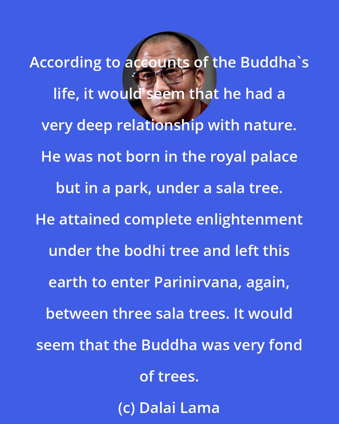 Dalai Lama: According to accounts of the Buddha's life, it would seem that he had a very deep relationship with nature. He was not born in the royal palace but in a park, under a sala tree. He attained complete enlightenment under the bodhi tree and left this earth to enter Parinirvana, again, between three sala trees. It would seem that the Buddha was very fond of trees.