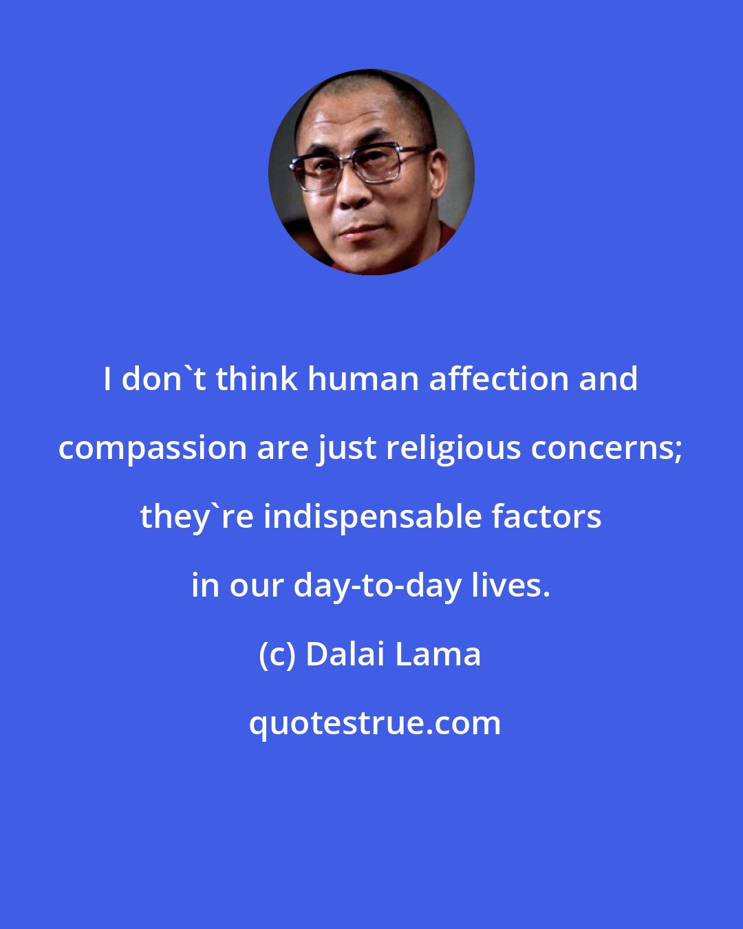 Dalai Lama: I don't think human affection and compassion are just religious concerns; they're indispensable factors in our day-to-day lives.