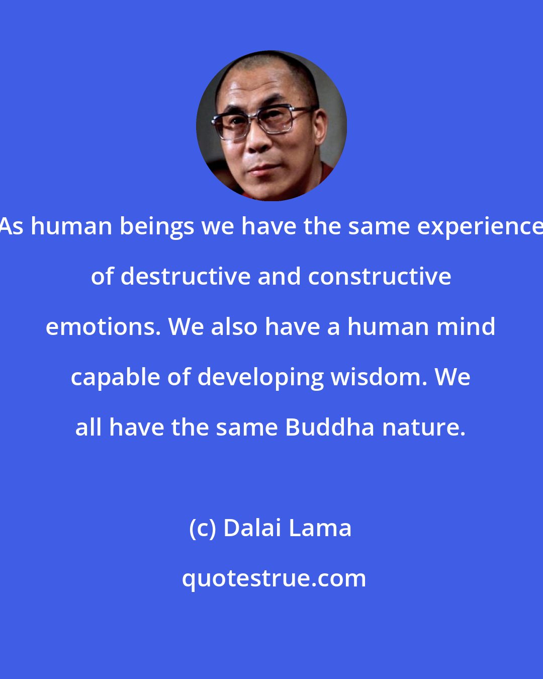 Dalai Lama: As human beings we have the same experience of destructive and constructive emotions. We also have a human mind capable of developing wisdom. We all have the same Buddha nature.