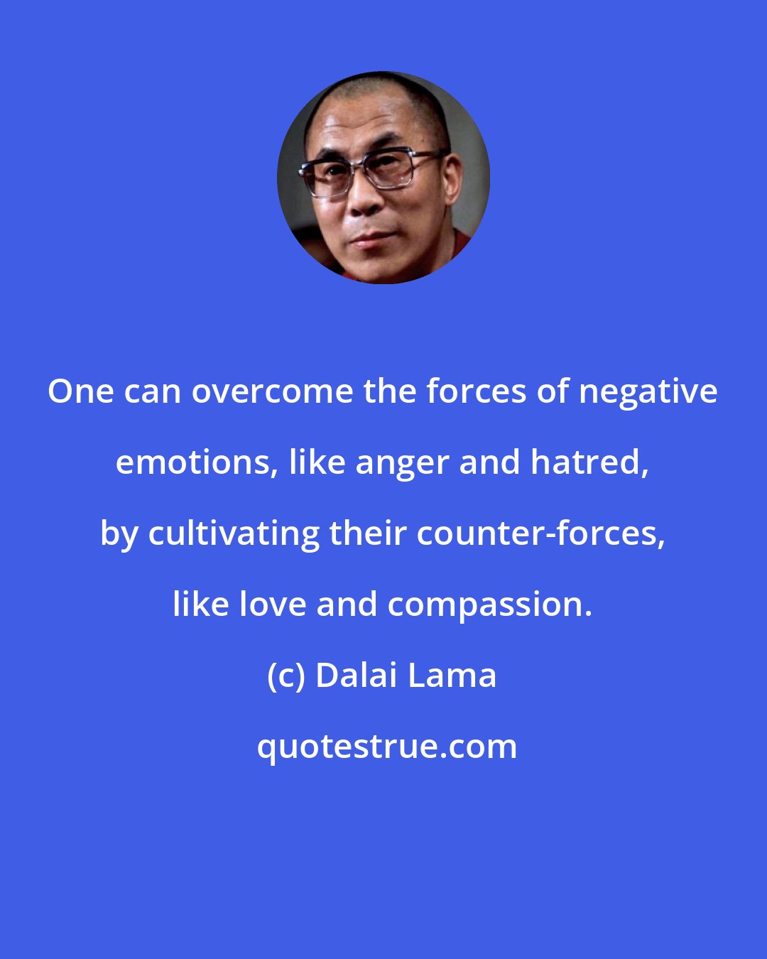 Dalai Lama: One can overcome the forces of negative emotions, like anger and hatred, by cultivating their counter-forces, like love and compassion.