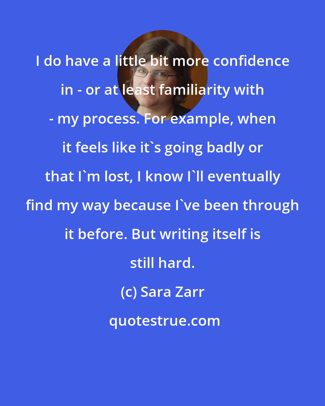 Sara Zarr: I do have a little bit more confidence in - or at least familiarity with - my process. For example, when it feels like it's going badly or that I'm lost, I know I'll eventually find my way because I've been through it before. But writing itself is still hard.