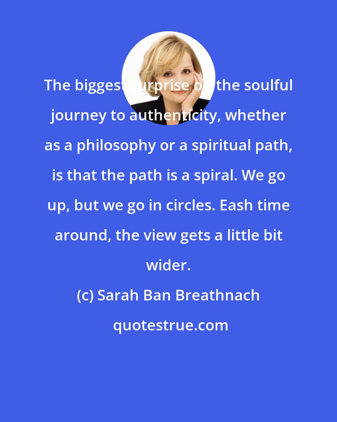 Sarah Ban Breathnach: The biggest surprise on the soulful journey to authenticity, whether as a philosophy or a spiritual path, is that the path is a spiral. We go up, but we go in circles. Eash time around, the view gets a little bit wider.