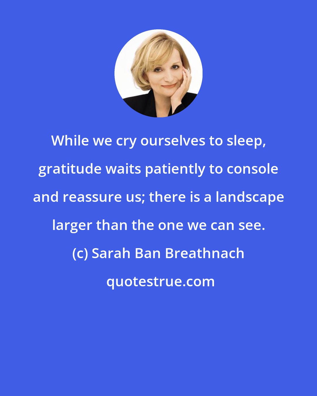 Sarah Ban Breathnach: While we cry ourselves to sleep, gratitude waits patiently to console and reassure us; there is a landscape larger than the one we can see.