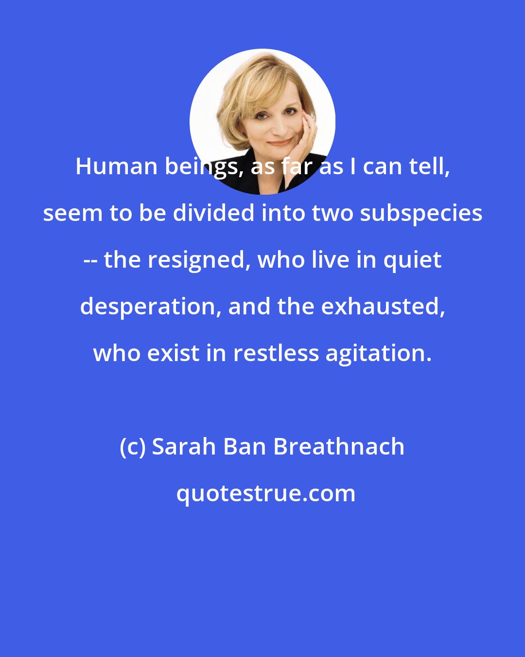 Sarah Ban Breathnach: Human beings, as far as I can tell, seem to be divided into two subspecies -- the resigned, who live in quiet desperation, and the exhausted, who exist in restless agitation.