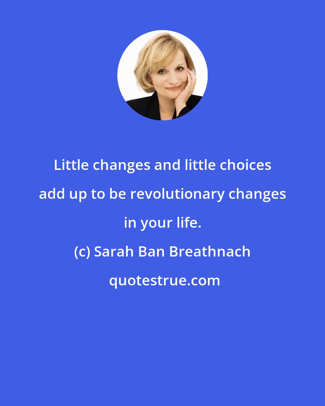 Sarah Ban Breathnach: Little changes and little choices add up to be revolutionary changes in your life.