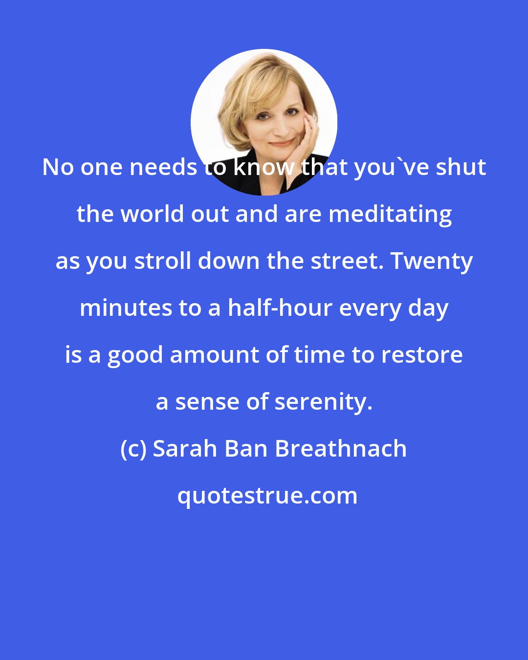 Sarah Ban Breathnach: No one needs to know that you've shut the world out and are meditating as you stroll down the street. Twenty minutes to a half-hour every day is a good amount of time to restore a sense of serenity.