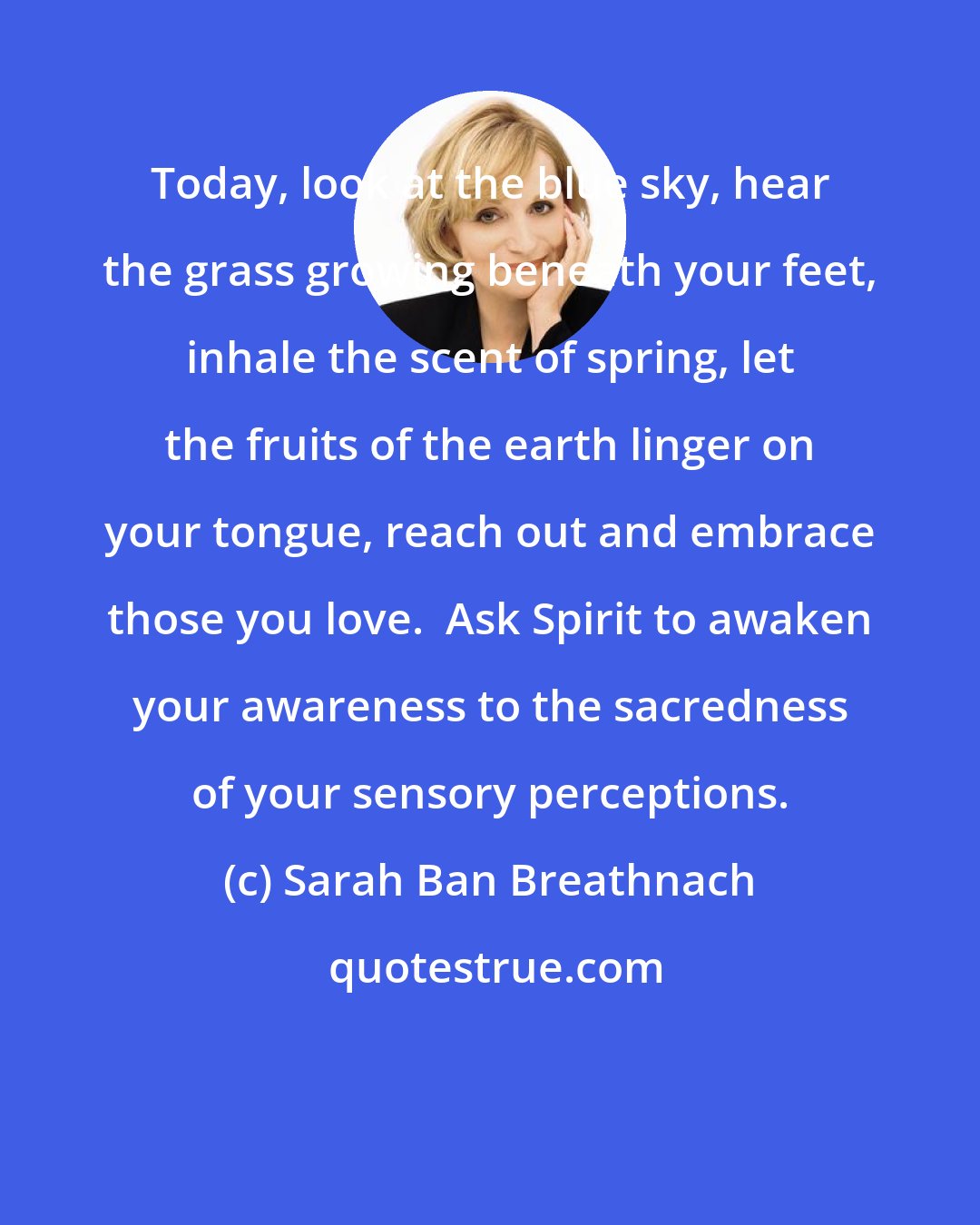 Sarah Ban Breathnach: Today, look at the blue sky, hear the grass growing beneath your feet, inhale the scent of spring, let the fruits of the earth linger on your tongue, reach out and embrace those you love.  Ask Spirit to awaken your awareness to the sacredness of your sensory perceptions.