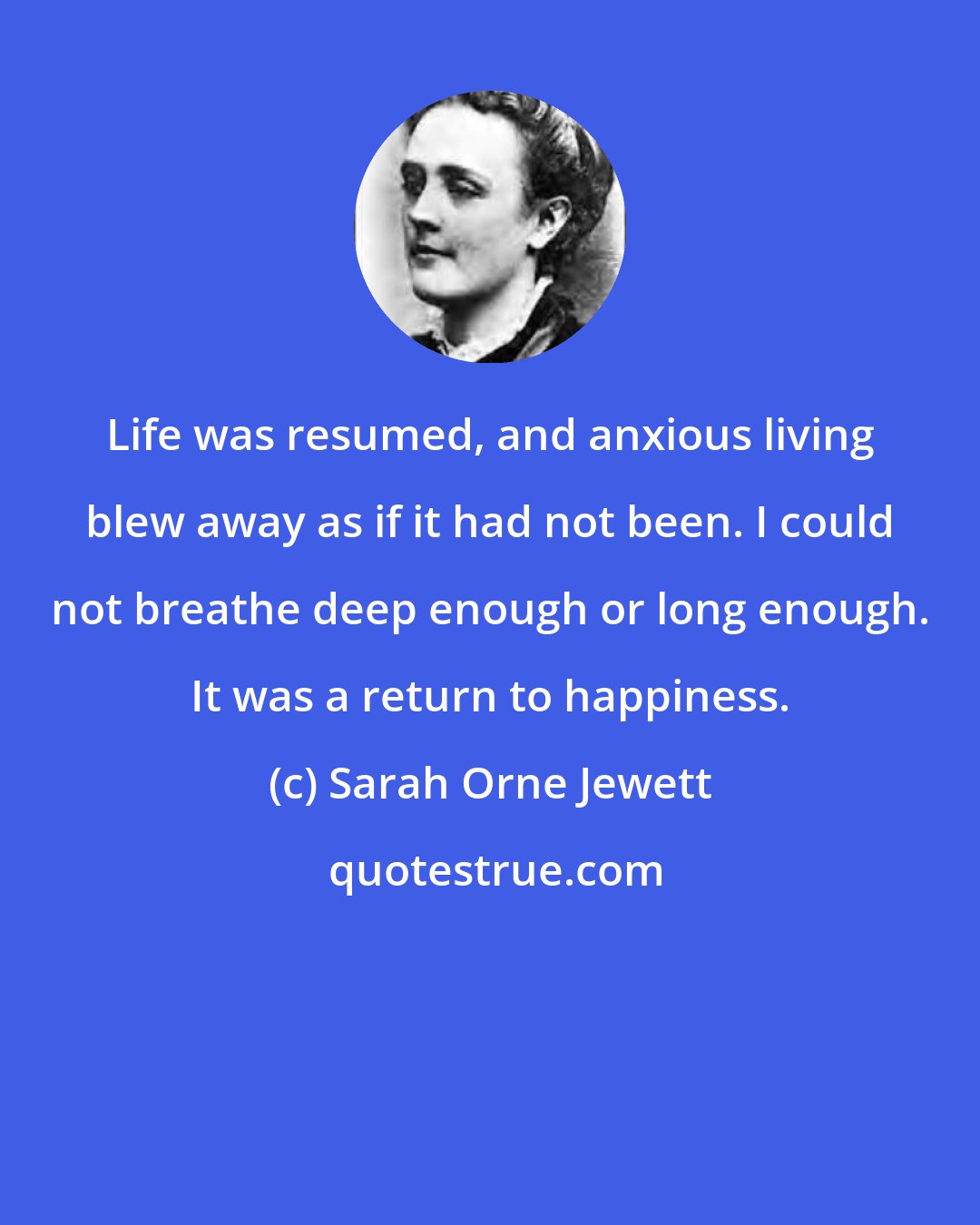 Sarah Orne Jewett: Life was resumed, and anxious living blew away as if it had not been. I could not breathe deep enough or long enough. It was a return to happiness.