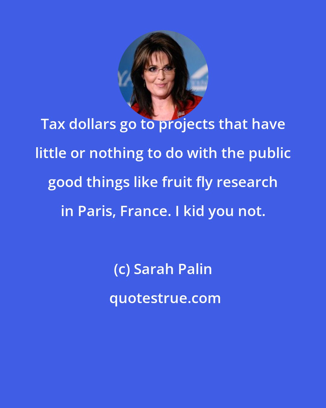 Sarah Palin: Tax dollars go to projects that have little or nothing to do with the public good things like fruit fly research in Paris, France. I kid you not.