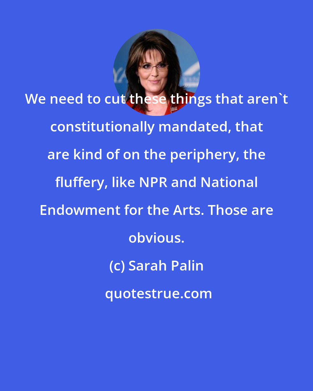 Sarah Palin: We need to cut these things that aren't constitutionally mandated, that are kind of on the periphery, the fluffery, like NPR and National Endowment for the Arts. Those are obvious.