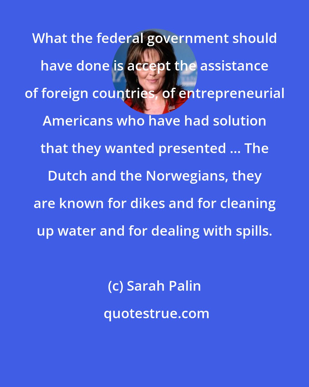 Sarah Palin: What the federal government should have done is accept the assistance of foreign countries, of entrepreneurial Americans who have had solution that they wanted presented ... The Dutch and the Norwegians, they are known for dikes and for cleaning up water and for dealing with spills.