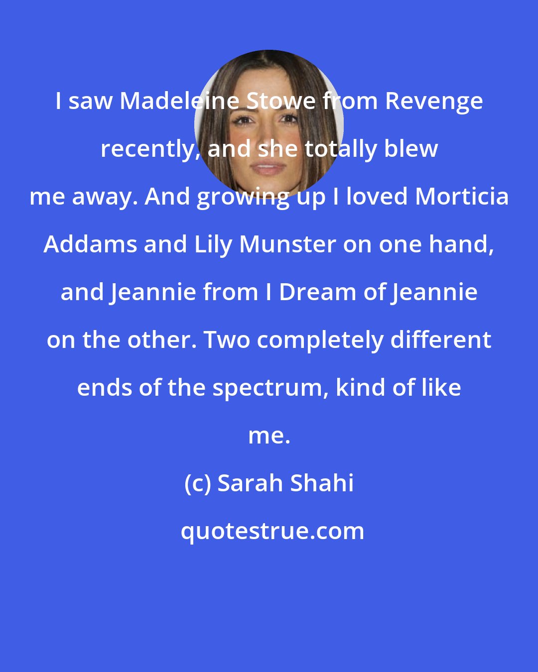 Sarah Shahi: I saw Madeleine Stowe from Revenge recently, and she totally blew me away. And growing up I loved Morticia Addams and Lily Munster on one hand, and Jeannie from I Dream of Jeannie on the other. Two completely different ends of the spectrum, kind of like me.