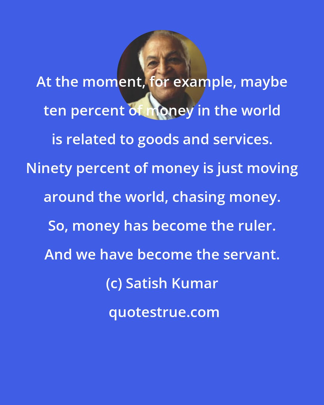 Satish Kumar: At the moment, for example, maybe ten percent of money in the world is related to goods and services. Ninety percent of money is just moving around the world, chasing money. So, money has become the ruler. And we have become the servant.