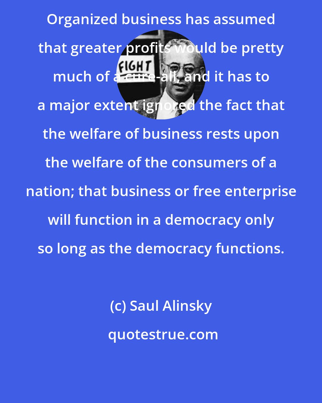 Saul Alinsky: Organized business has assumed that greater profits would be pretty much of a cure-all, and it has to a major extent ignored the fact that the welfare of business rests upon the welfare of the consumers of a nation; that business or free enterprise will function in a democracy only so long as the democracy functions.