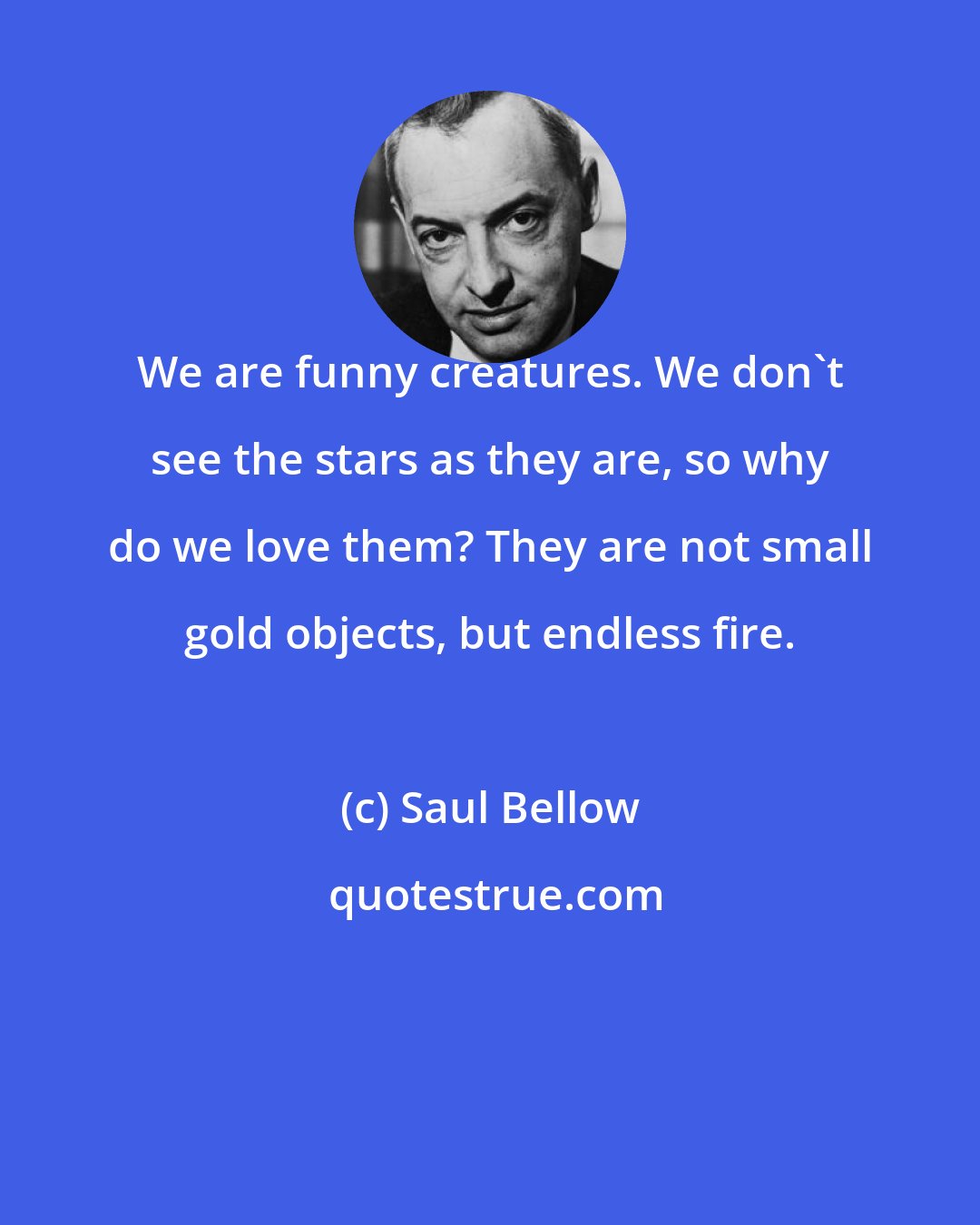 Saul Bellow: We are funny creatures. We don't see the stars as they are, so why do we love them? They are not small gold objects, but endless fire.