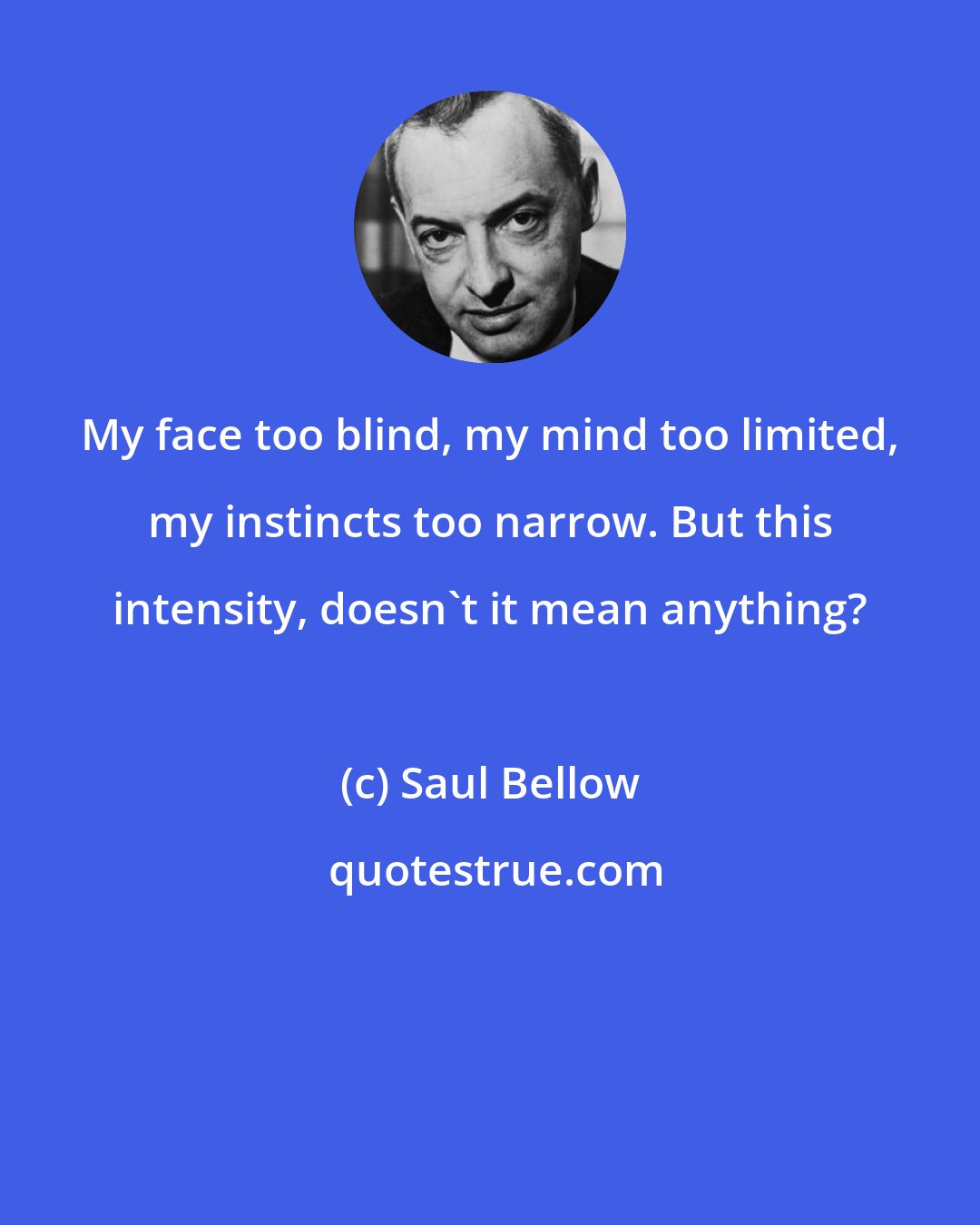 Saul Bellow: My face too blind, my mind too limited, my instincts too narrow. But this intensity, doesn't it mean anything?