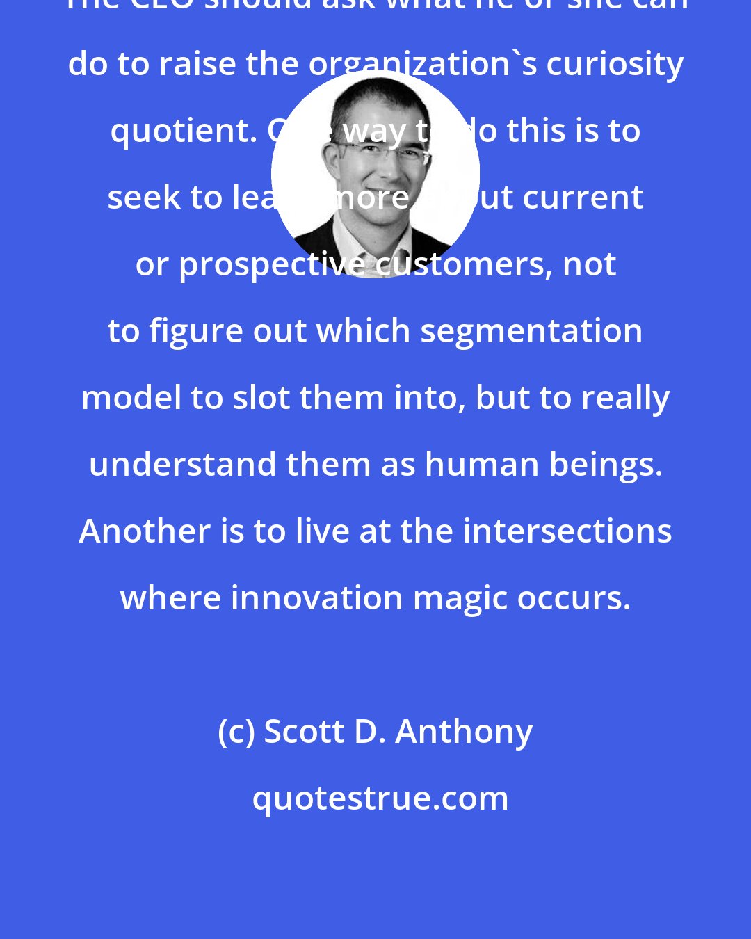 Scott D. Anthony: The CEO should ask what he or she can do to raise the organization's curiosity quotient. One way to do this is to seek to learn more about current or prospective customers, not to figure out which segmentation model to slot them into, but to really understand them as human beings. Another is to live at the intersections where innovation magic occurs.