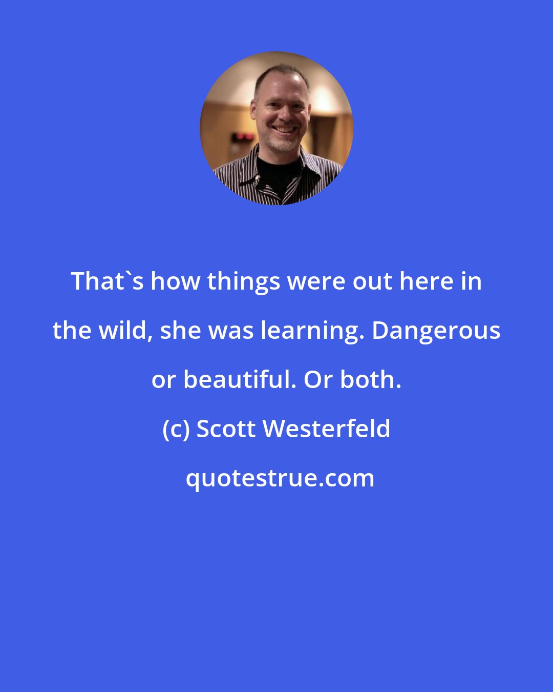 Scott Westerfeld: That's how things were out here in the wild, she was learning. Dangerous or beautiful. Or both.